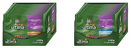 Ultima Comida Húmeda para Gatos con Pollo y Salmón, 4 x 85 gr x 12 (4.08 kg) & Comida Húmeda para Gatos con Variedad de Pescados - 12 x (4 x 85gr) - 4080g