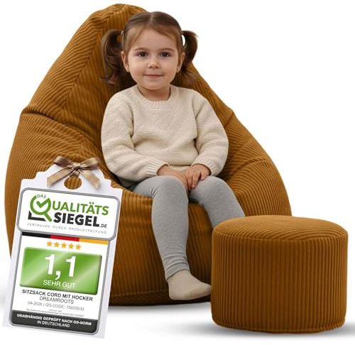 DreamRoots Sitzsack Kinder Cord 70x70x105 mit Hocker, Sugar Cookie | Bean Bag Chair mit Hocker, Lehne & Bezug, mit Füllung, Sitzkissen Boden, Kindersitzsack Kinderzimmer