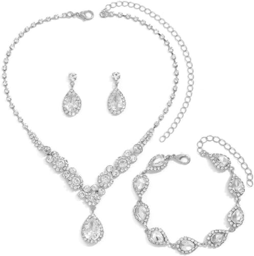 FDEETY Set di Gioielli da Sposa Elegante e Splendente Nuziale Zircone Collana Orecchini Braccialetto Pendenti Set per Matrimonio Banchetto Party (Argento)