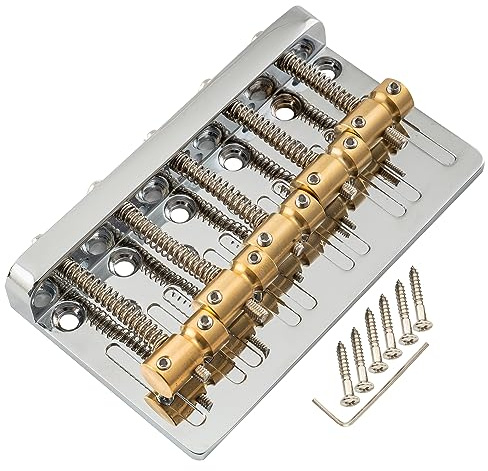 Musiclily Pro 17mm Heavy Duty 5-Saiter Bass Steg Bridge mit Messing Saitenreiter Stahlplatte für Precision/Jazz Bass, Chrom