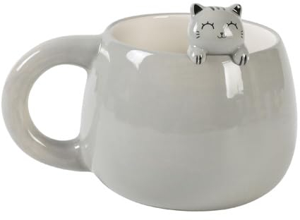 I-TOTAL® - Tazza in Ceramica con Animaletto in Ceramica sul Bordo, Tazza per Tè o Caffè (GREY CAT) 450 ml