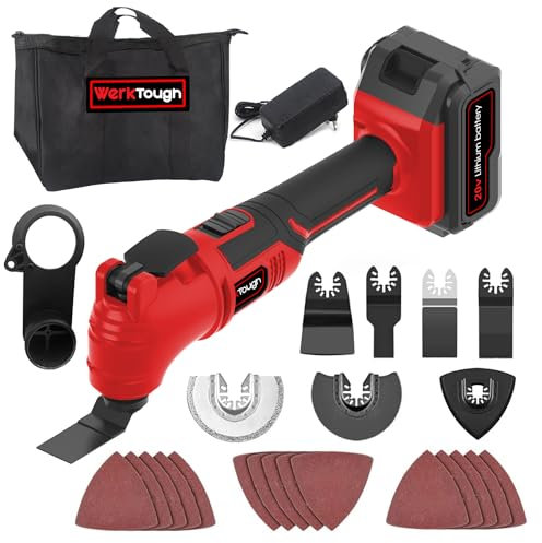 Werktough OS06 20V Cordless Oscillating Multi Tools 3°oscillating Angle Quick Charge/Release 20000rpm with 26pcs Tool Accessories-Cutting,Sanding,Scraping(Red)