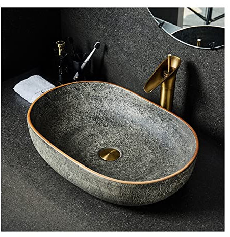 MOOWI Lavabo da Appoggio Lavandino da appoggio Ovale in Stile Vintage Lavandino da Bagno Artistico Lavabo in Ceramica Adatto per i bagni