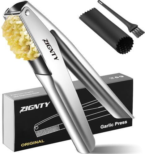 ZIGNTY Garlic Press Stainless Steel，Premium Garlic Mincer Tool，No Need to Peel Garlic Ginger Crusher & Masher Easy Squeeze Large Trough Ergonomic Handle，Rust Proof，Dishwasher Safe (5 Years Warranty)