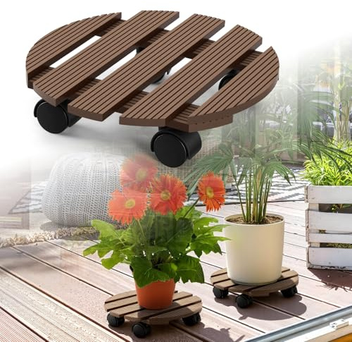 Jopassy 3X WPC Pflanzenroller ø30x7,5CM, Blumenroller Tragkraft 80 KG, Rolluntersetzer mit Rollen, Rollbrett für den Innen- und Außenbereich, Kübelroller für Pflanzen, Blumentopf (Rund Braun)