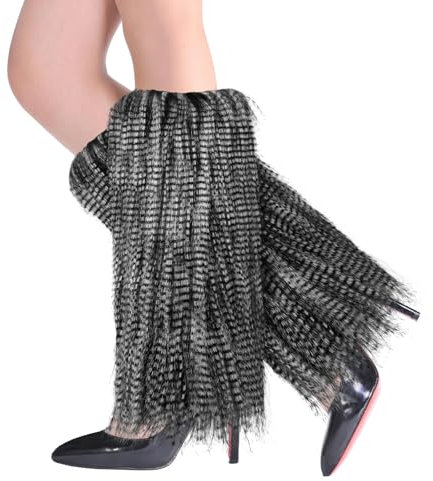 XEPST Damen Kunstpelz Beinwärmer Plüsch Beinwärmer, Mädchen Furry Fuzzy Beinwärmer Winter Stulpen Damen für Winterwärmer Karneval Halloween Fasching Mottoparty Verkleidung, Schwarz + Weiß