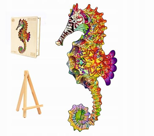 PASJO - Holzpuzzle Erwachsene mit Seepferdchenmotiv 261 Teile 61,3x29,3 cm - Geschenkidee für Kinder - Holz Puzzle Seepferdchen - Einzigartige Tierförmige Holz-Puzzle - Jigsaw aus Holz für Erwachsene
