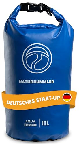 NATURBUMMLER Dry Bag 10L [Aqua Secure+] 100 % wasserdichte Tasche mit Schultergurt & Rucksackfunktion – wasserfester Packsack für SUP, Angeln, Camping & Outdoor – Drybag Beutel (Marineblau)
