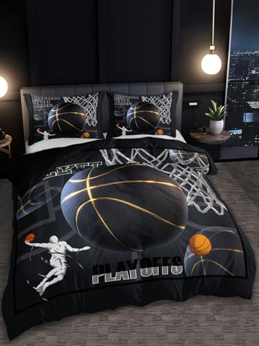 Bettwäsche 155x220cm Schwarzgold-Basketball Bettbezug Set 3 Teilig Basketballfähigkeiten Einzelbett Bettbezug 3D Motiv Luxus Modern Weiche Microfaser Mit Reißverschluss und 2 Kissenbezug 80x80cm