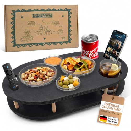 PEGSEN Couchbar Snackbox in Schwarz mit 4 Glasschalen - Personalisierbar - Sofabar für Snacks und Getränke - Couchtablett mit Getränkehalter - Sofa Butler - Snackbar für die Couch - Couchbar
