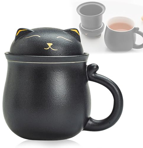 MeYuxg Teetasse mit Deckel und Sieb, 13.5oz Keramik Teebecher mit Teesieb, Katzentasse, Geschenk für Geburtstag Weihnachten Urlaub