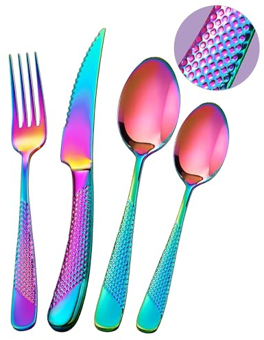 SHEUMNT Arc-en-ciel 24 pièces Acier inoxydable Ensemble de couverts moderne | Couteaux dentelés 2-en-1 ultra-tranchants, Service en Set pour 6 personnes, Couteaux, fourchettes, Cuillères