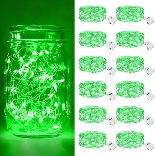 btfarm 12 Pack Fairy Lights Battery Operated [3 Modes], 7ft 20 Led Twinkle Lights String Lights Waterproof Bulk Small Mini Silver Wire for Mason Jars Vases Wedding Table Centerpiece, Green
