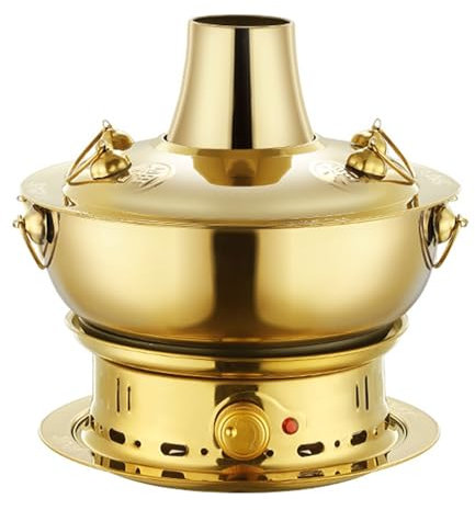 Vecchia pentola calda di Pechino, pentola calda da campeggio, riscaldatore in acciaio inossidabile, pentola calda mongola for più persone, cuoci agnello (elettrico al carbonio, doppio uso)(Gold,30cm)