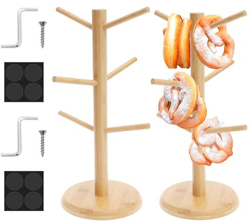 Harupink Lot de 2 supports à bretzels en bois naturel lisse sans bavures, 6 bras, hauteur 35 cm, gardez tout le monde organisé, également comme support à saucisses, porte-tasses ou porte-donut