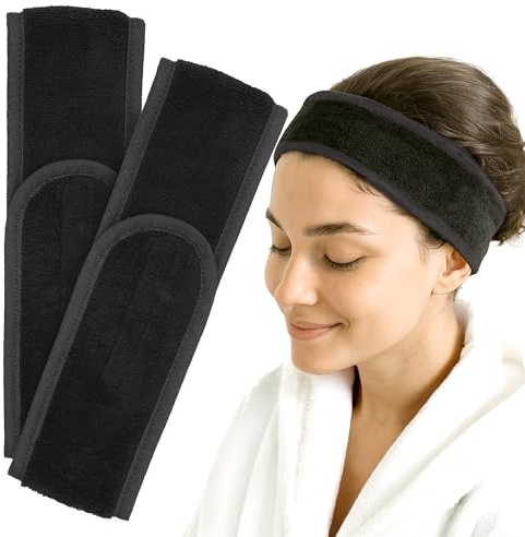 Frotté pannband för kvinnor och män – justerbart kardborrefäste – 100 % bomull – mjukt, absorberande och tvättbart hårband för ansiktsvård, spa, smink, yoga och vardag | Svart, 2x pannband