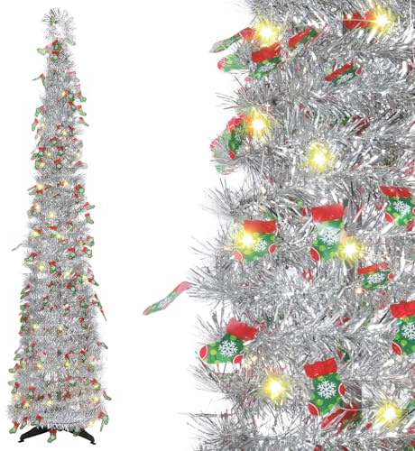 Yaskyly 5ft/150cm Pop Up Schmal Weihnachtsbaum Künstlich mit Beleuchtung Faltbarer Künstlicher Geschmückter Weihnachtsbaum mit Weihnachtssocken mit Weihnachtssocken für Zuhause, Wohnung, Büro, Party