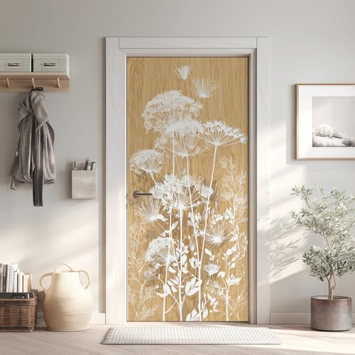 Holzmaserung Türtapete Türposter Türfolie Selbstklebend PVC, Weiß Farn Pflanze Türaufkleber Abnehmbar Wasserdicht 80x200 cm, Helle Eiche Fototapete für Tür Wohnzimmer