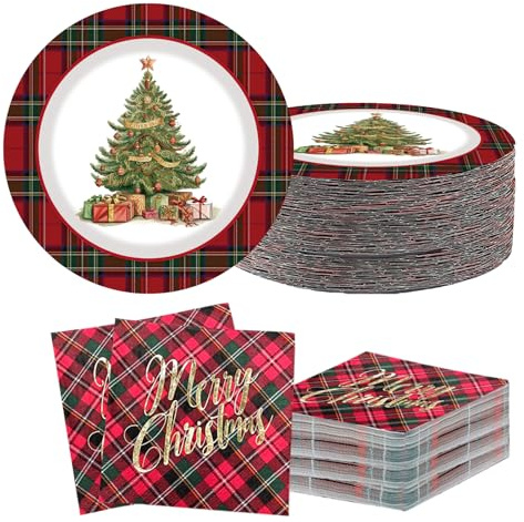 40 PCS Christmas Plates Dinner Set, Christmas Paper Plates and Napkins Set, Xmas Tree Tartan Paper Tableware for Xmas Dinner, Dessert, Decorations, Party Supplies
