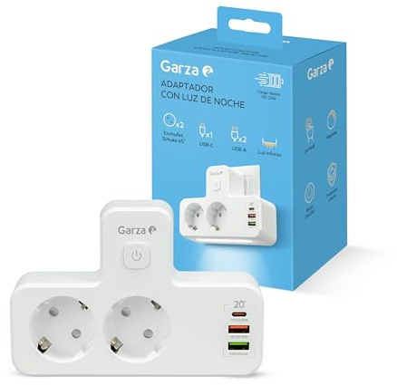 Garza - 5-in-1-Adapter mit 2 Schuko-Steckdosen, 2 USB-A und 1 USB-C PD20W, Schnellladung, dimmbares Touch-Nachtlicht, Kinderschutz und Überhitzungsschutz