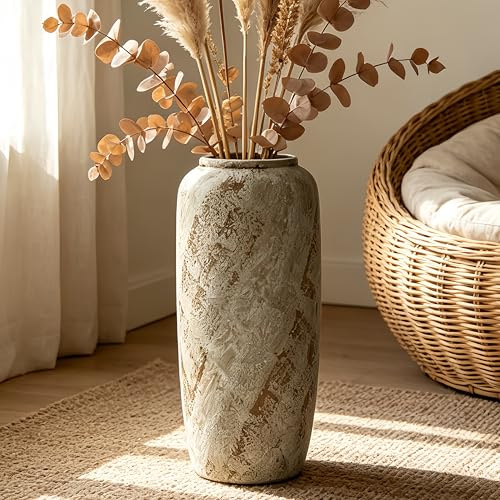 JIDOFUE Große Rustikale Keramik Bodenvase, 40cm, Vintage Boho Vase für Heimdekoration, Texturierte Terrakotta Vase für Wohnzimmer, Regal oder Eingangsbereich