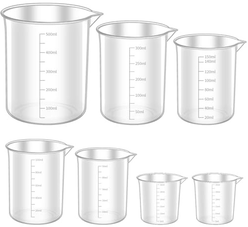 Okeno Select 7 Stück Messbecher Set, ML Messbecher 30ml 50ml 100ml 150ml 250ml 500ml, Meßbecher, Präzisions Hitzebeständig Kunststoff Klein Measuring Cup mit Skala für Labor Küche Waschmittel Dosierer