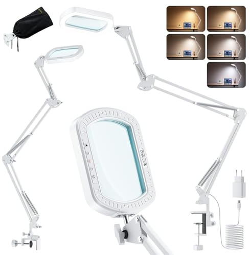 10X Rechteckige Lupe mit Licht und Klemme, Weiß Lupenlampe mit 5 Farbmodi