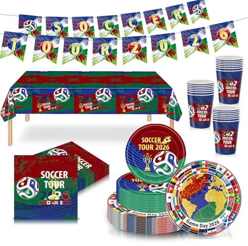 Juego de vajilla de fiesta de 69 piezas, mantel de plástico, platos de papel, servilletas y tazas para decoración de mesa de fiesta (Copa del Mundo)