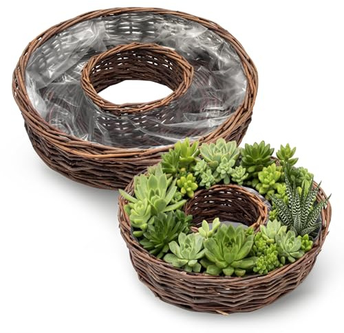 Spetebo Rottan, växtring, natur med folie, set om 2 – 40 cm + 30 cm – pilblomskål för direkt plantering – trädgårdsdekoration, blomkorg, blomkruka, växtskål, örter, kruka, växter, naturfiber, skål