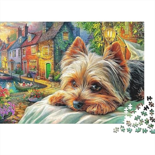 Child And Puppy 1000 Pieces Jigsaw Puzzle Yorkshire Terrier on Bed Sustainable Premium 14+ Easy To Assemble Hobby Activity 38x26cm/1000pcs