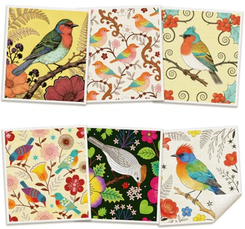 ORIGACH 6 PCS Bird Flowers Theme Swedish Dishcloths for Kitchen | Reusable Cleaning Cloths Super Absorbent Cellulose Dish Cloth for Kitchen Cleaning, 17.5×19.5 cm