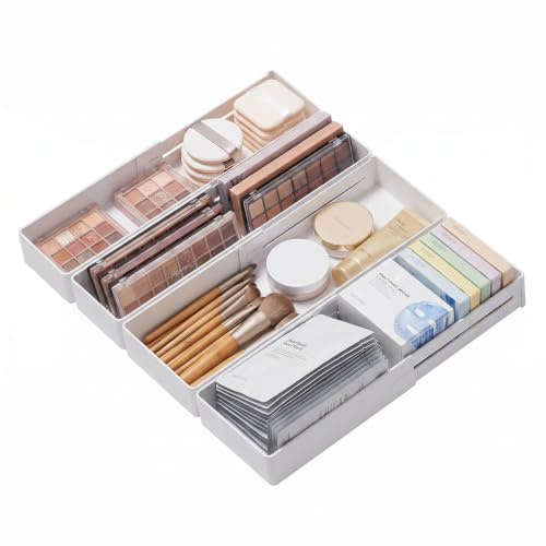 PAVSTINE Schubladen Organizer Verstellbar, Schminktisch Organizer, 4 Stück | Schrank Organizers, Drawer Organizers für Makeup, Kleiderschranke Schubladeneinsätze, Büro, Badezimmer, Mitte+Klein