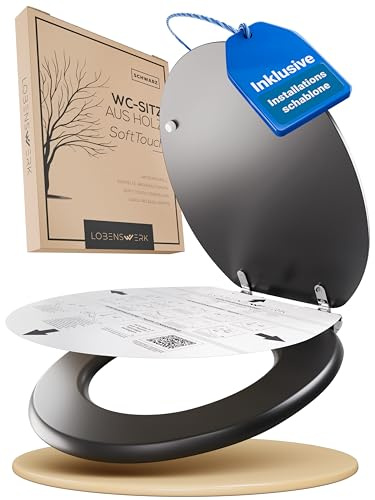 LOBENSWERK Toilettendeckel mit Absenkautomatik Holz [Einfache Montage] mit Soft-Touch-Legierung | antibakteriell | Quick-Release-Funktion | Klobrille mit Holzkern, WC Sitz, Klodeckel Schwarz Matt