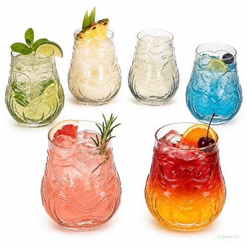 MamboCat 6er Set Tiki Cocktailgläser I 47cl I Trinkgläser aus Glas mit Tiki-Gesichtern Vorder- & Rückseite I Bar- & Partygläser für Cocktails, Longdrinks & Sommerabende