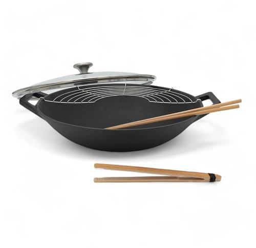 osoltus Wok Gusseisen mit Zubehör Wok-Set mit Deckel 36cm