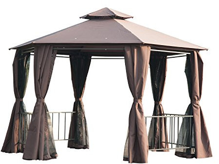 Outsunny 3 x 3(m) Hexagon Gazebo Patio Canopy Party Tent Outdoor Garden Shelter w/ 2 Tier Roof & Side Panel - Brown