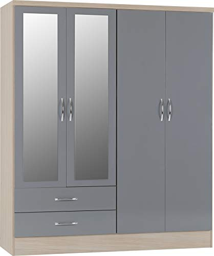 Seconique Nevada 4 Door 2 Drawer Wardrobe in Grey Gloss/Light Oak Effect Veneer, Oak Wood