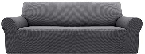 Deconovo Sofabezug, 3-Sitzer, dehnbar, Jacquard, Grau, mit Armlehnen, für Kinder, komfortabel, Wohnzimmer, Schlafzimmer