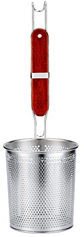 TENTA KITCHEN Stainless Steel Pasta Strainer Mesh Spider Food Strainer Basket with 9.75'' Solid Wooden Handle,fine mesh Noodle Colander Heat Resistant Sifter,Kitchen Utensil,Generous 40 OZ.
