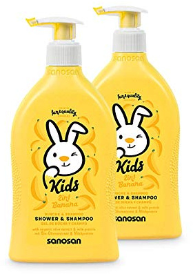 sanosan 2in1 Dusche & Shampoo Banane für Kinder - Duschgel & Haarshampoo mit Bio Olivenextrakt & Milchprotein im 2er Pack (2x 400 ml) - Haarpflege, Hautpflege, Shower Gel, Haar Shampoo