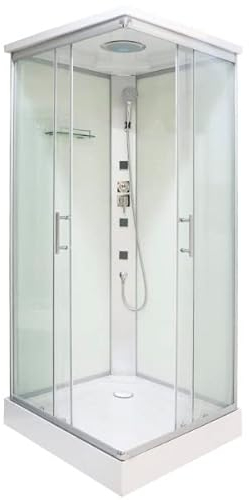 Cabina de ducha completa TC05 80 x 80 x 210 cm, entrada de esquina con puertas correderas, cristal de seguridad de 4 mm, aluminio cromado, con plato de ducha, cabina de ducha completa