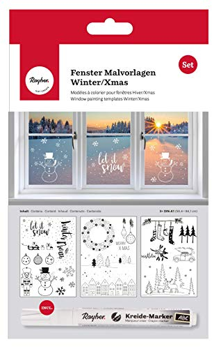 Rayher 70047000 Malvorlagen für Fensterbilder, mit Kreidemarker, Fensterbilder für Winter und Weihnachten, 3 Vorlagen + 1 Kreidestift