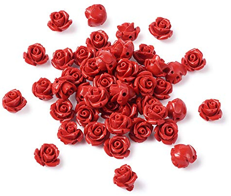 Beadthoven 50 perline di cinabro rosa rossa 10 mm con dettagli intagliati perline distanziatrici di fiori per gioielli, artigianato, decorazione di nozze di San Valentino, foro: 1,5 mm