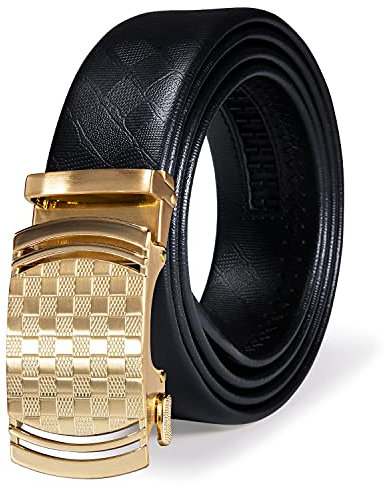 Dubulle Men's Ratchet Belt Fashion Gold Plaid Design Automatic Slid Buckle Black Ratchet Belts Trim to Fit Business Casual Belt with Exquisite Box