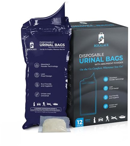 ROXALACE® Disposable Urinal Bags, 12 Pack 1000 ml Unisex Urine Bag Travel Traffic Jam Emergency Urinals Bag, Camping Pee Bags, Portable Toilet Pee Bags for Men, Women, Kids, Patient