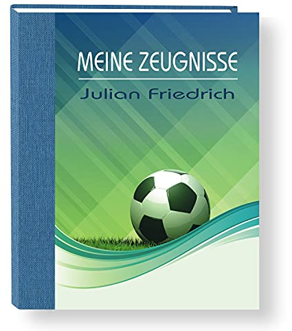 Zeugnismappe personalisiert Soccer A4 ca. 31x24 cm, blau grün, Zeugnisbuch Fußball, Urkundenmappe Einschulung, Schulanfang