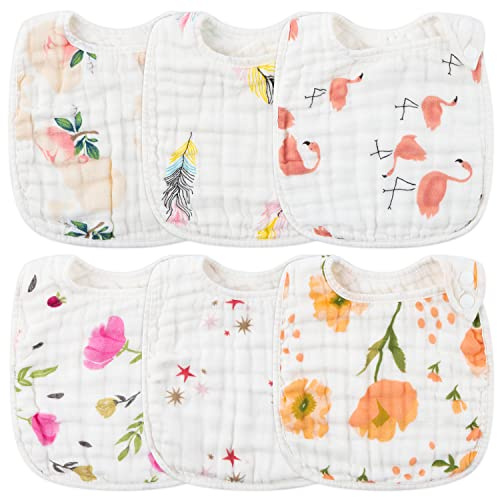 Zainpe 6Pcs Snap Muslin Cotton Bibs for Baby, Flamingo Star Flower Machine Washable Adjustable Burp Cloths with 6 Absorbent Soft Layers for Infant Newborn Toddler Drooling Feeding and Teething