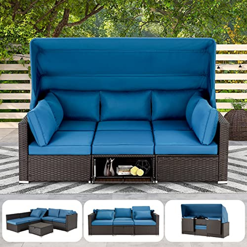 HOMREST 6 Pieces Patio Furniture Sets, Rattan Daybed with Retractable Canopy, Outdoor Sectional Sofa Set with Adjustable Backrest, Chaise Chair Sunbed for Garden Poolside Backyard(Blue)
