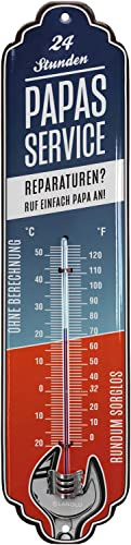 LANOLU Blechschild Thermometer PAPAS SERVICE - Schild Werkstatt Papa - Geburtstagsgeschenk oder Vatertagsgeschenk für Vater - lustige retro Deko mit Spruch - vintage Metallschild, 7x28cm