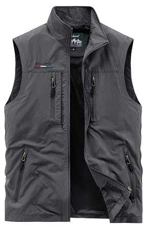 Oralidera Gilet de Pêche Léger pour Homme Veste Sans Manche d'extérieur Camping Gilet de Séchage Rapide Photographie Gilet Sans Manche Homme Multipoches, Gris, XXL